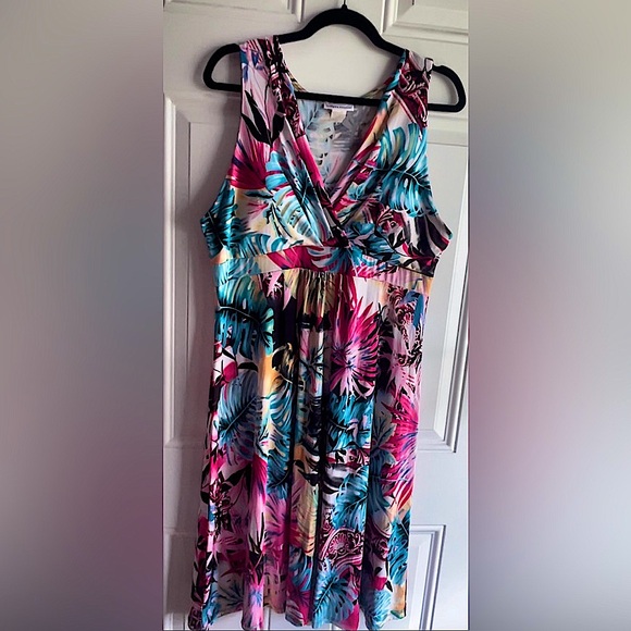 EUC Gorgeous Multicolor Sunset Tropical Palm Leaf Print Flattering MIDI Dress - Picture 12 of 12